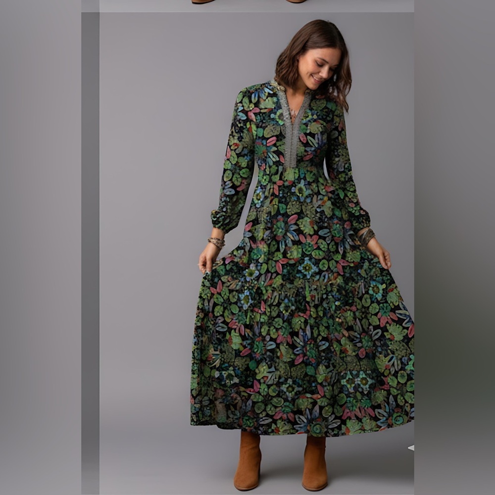 Boho Floral Print Lantern Sleeve Dress - Picture 3 of 8